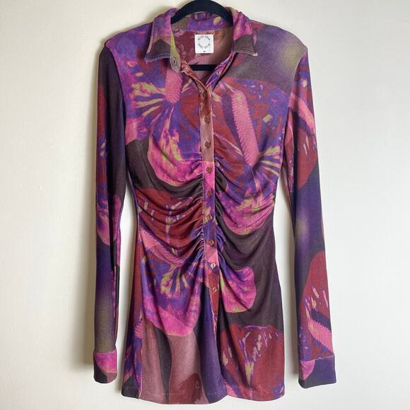With Jean With x Lord Newry Andy Mini Dress Ruched flower lady Purple SizE XS - Picture 2 of 8